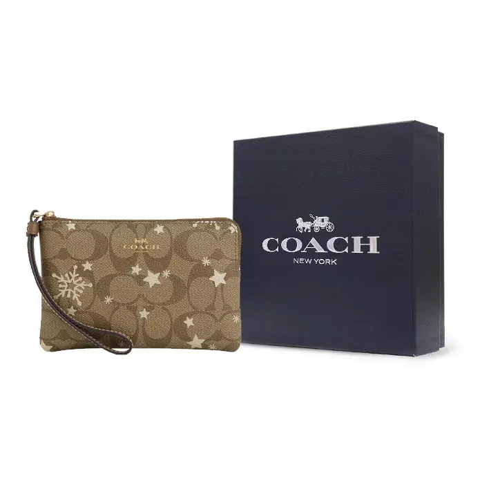 COACH Corner Zip Coated Canvas With Smooth Leather Wrist Bags Clutches Small Size Women's Khaki-3
