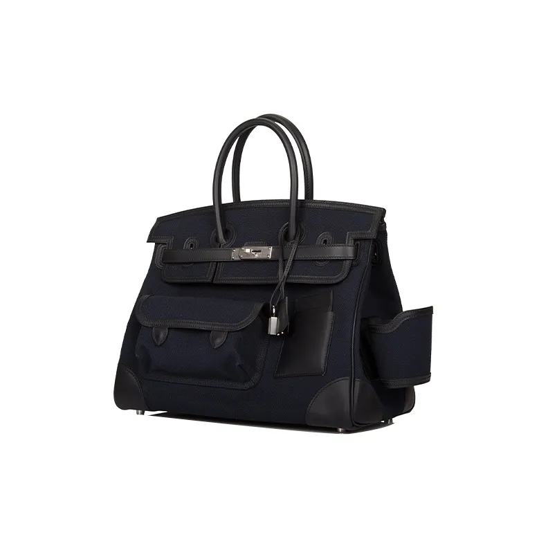 HERMES Birkin Swift Leather And Canvas Birkin Bag Handbag Unisex Black & Blue-5