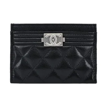 CHANEL Litchi Grain Calfskin Card Holder Women's Black