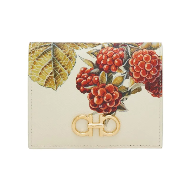 FERRAGAMO GANCINI Stamped Calfskin Wallet Women's Beige White & Multicolor-0