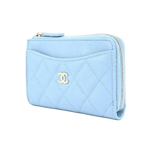CHANEL Calfskin Coin Purse, Card Holder Women's Blue-1