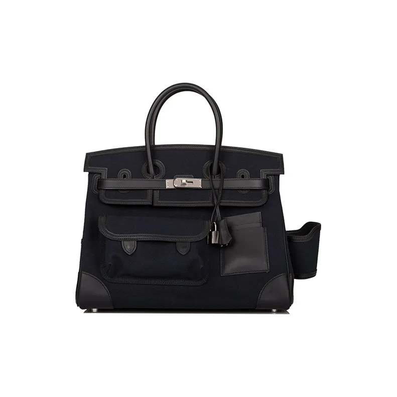 HERMES Birkin Swift Leather And Canvas Birkin Bag Handbag Unisex Black & Blue-0