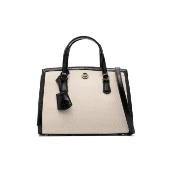 MICHAEL KORS Chantal Calfskin Messenger Bag, One Shoulder Crossbody Clutch Trumpets Women's Beige & White & Black