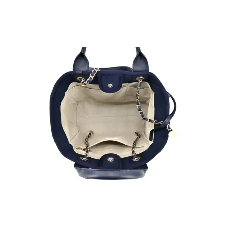 CHANEL Canvas Beach Bag, Tote Bag, Shopping Bag, One Shoulder Handbag Trumpets Women's Dark Blue-4