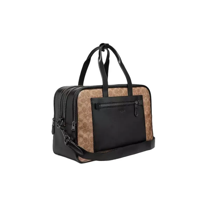 COACH Academy Canvas With Calfskin Handbag Shoulder Bag Crossbody Bag Travel Bag Large Size Men's Khaki-2