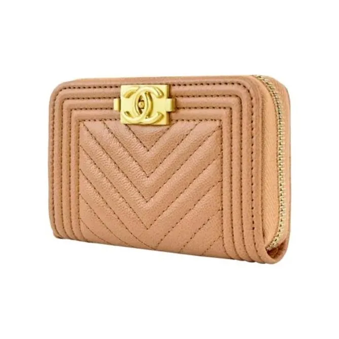 CHANEL Litchi Cow Leather Coin Purse Women's Brown-1