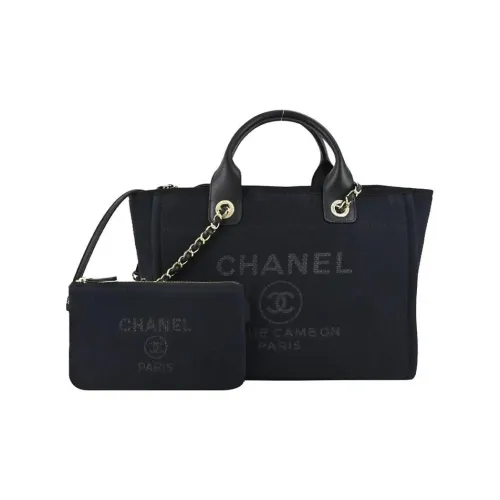 CHANEL Deauvill Canvas Bag, Tote Bag, Shopping Bag, Handbag Medium Size Women's Black
