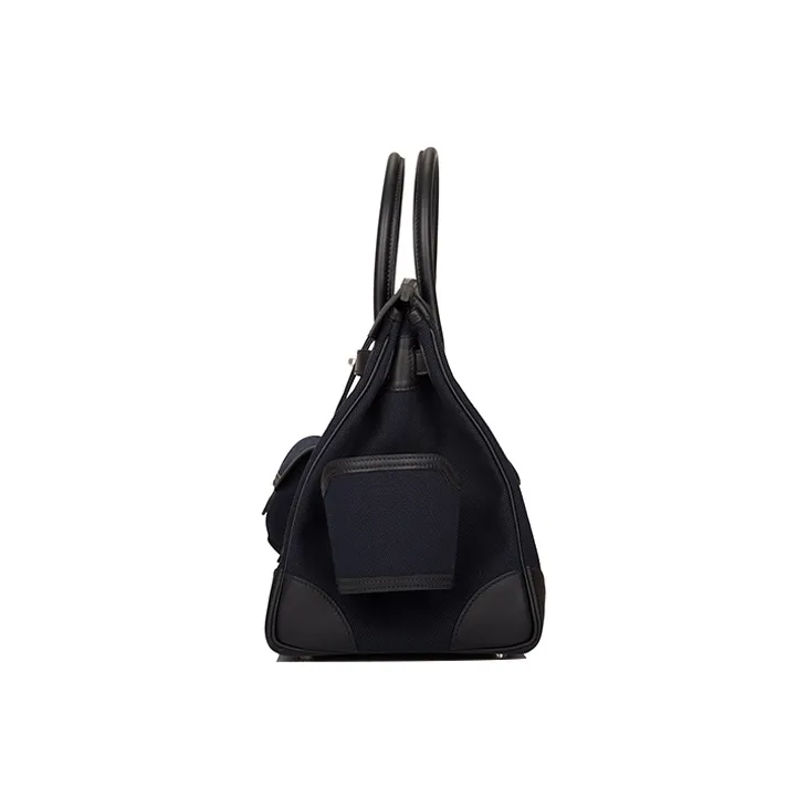HERMES Birkin Swift Leather And Canvas Birkin Bag Handbag Unisex Black & Blue-4