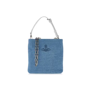 Vivienne Westwood Pure Leather With Canvas Portable One Shoulder Canvas Bag Crossbody Bag Unisex Light Blue