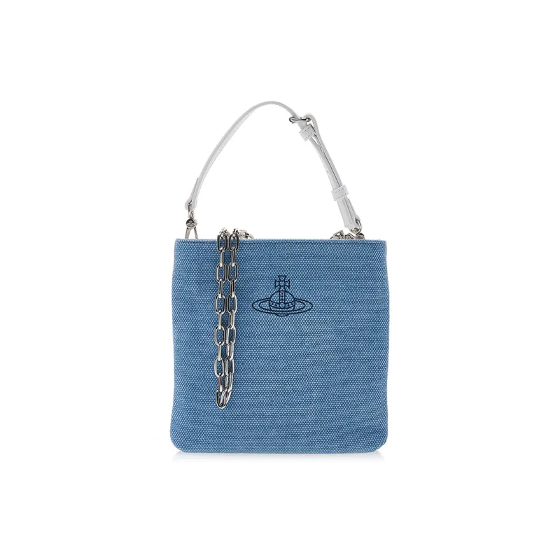 Vivienne Westwood Pure Leather With Canvas Portable One Shoulder Canvas Bag Crossbody Bag Unisex Light Blue-0