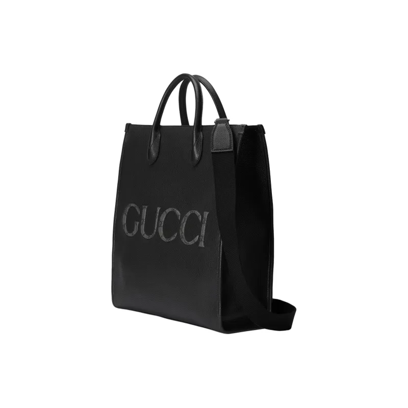 GUCCI Leather With GG Supreme Canvas Tote Bag, Shopping Bag, Handbag Medium Size Men's Black-1