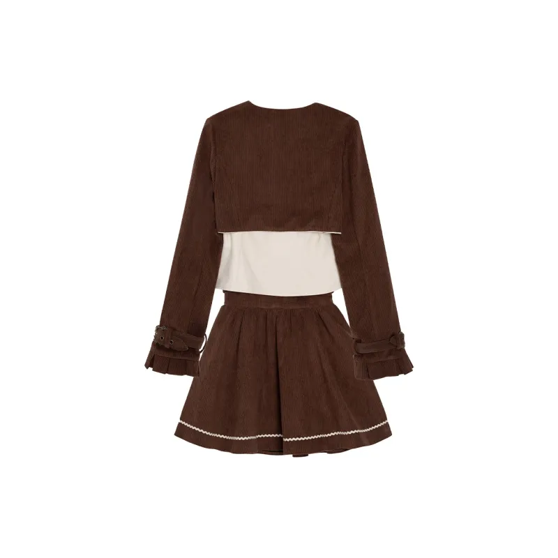 LALAJK Swiss Fall Peter Pan Collar Shirt Skirt Maillard Style Skirt Set Women's-3