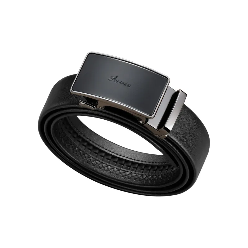 AUGTARLION Business Automatic Buckle Pant Belt Luxe Versatile Genuine Leather Durable Belt Men's Black 3.5cm-3