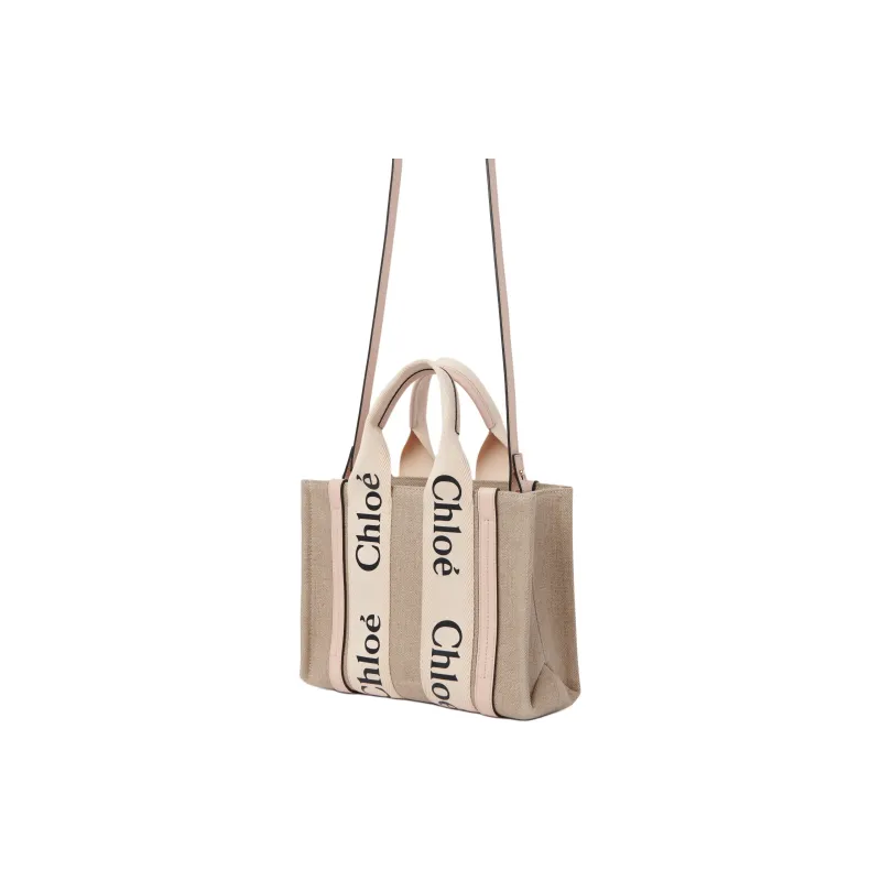 Chloe Woody Linen With Canvas And Calfskin Detail Tote Bag, Shopping Bag, Handbag Trumpets Women's Pink-1