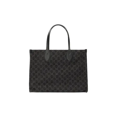GUCCI Ophidia Denim With Leather Binding Tote Bag Shopping Bag Handbag Large Size Women's Black & Gray