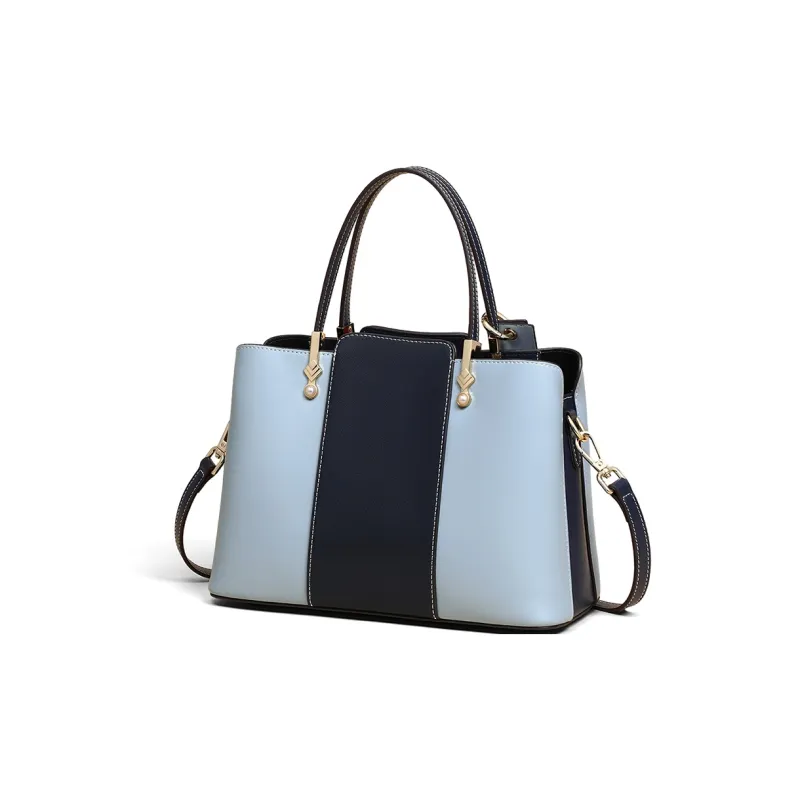 COMELY Cow Leather Patchwork Synthetic Leather Tote Handbag Shoulder Bag Crossbody Bag Large Size Women's Blue-3