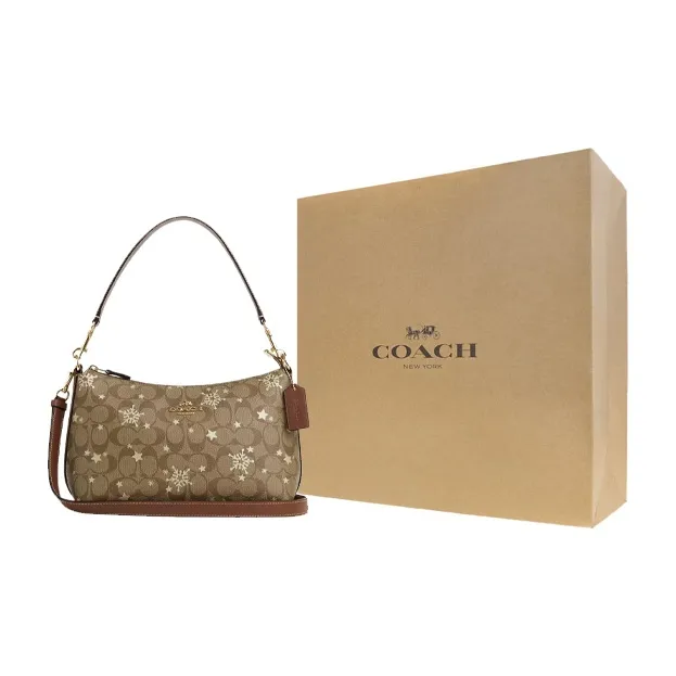 COACH Clara Iconic Coated Canvas With Smooth Leather Shoulder Bag, Handbag Medium Size Women's Khaki-6