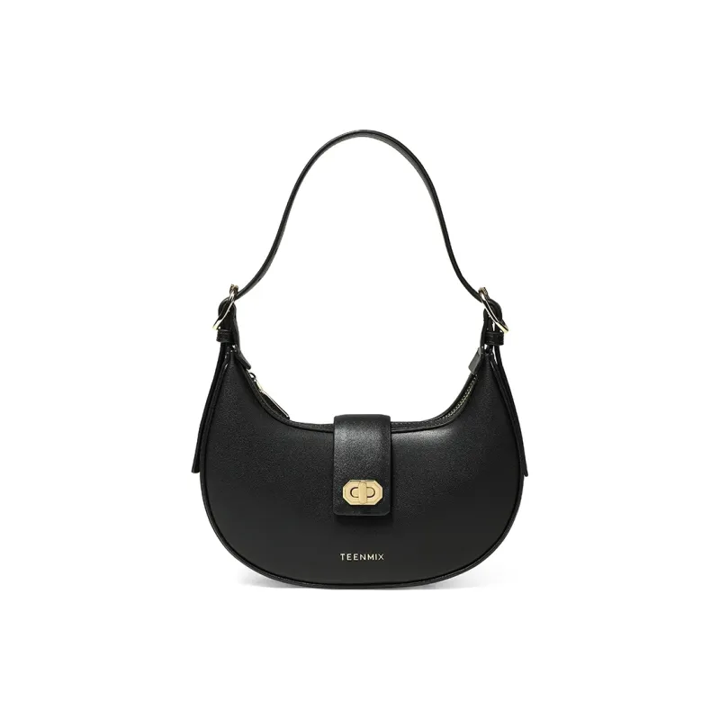 Teenmix Cow Leather Crescent Bag, Shoulder Bag Medium Size Women's Mocha/Black-12