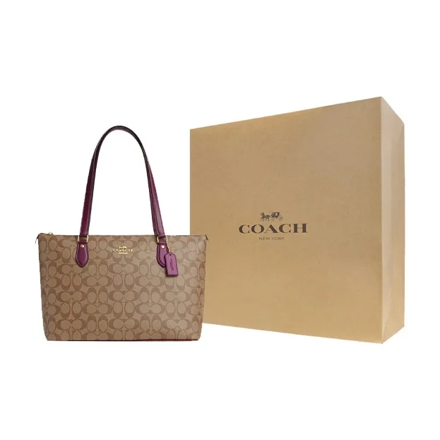 COACH Gallery Canvas With Leather Tote Bag, Shopping Bag, Shoulder Bag, Handbag Women's Khaki & Berry-5