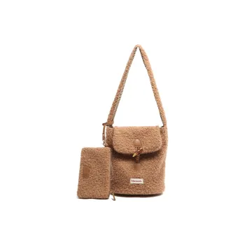 MICOCAH Woolen Faux Fur Bucket Bags Shoulder Bags Medium Size Women's Teddy Brown