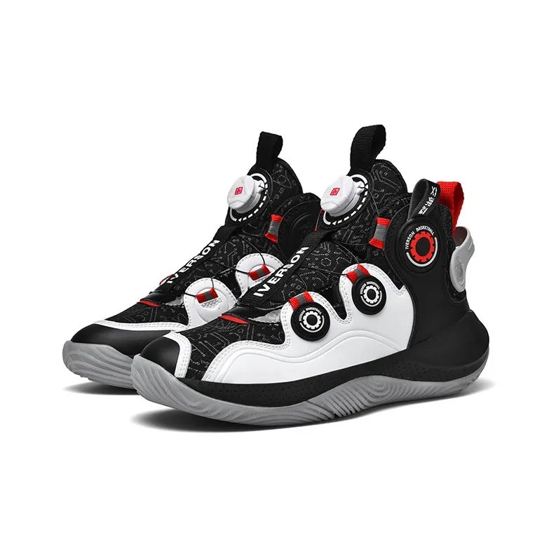 IVERSON Wear-resistant And Lightweight High-Top Kids' Slip-on Basketball Shoes Unisex Glow In The Dark Black White Red-2
