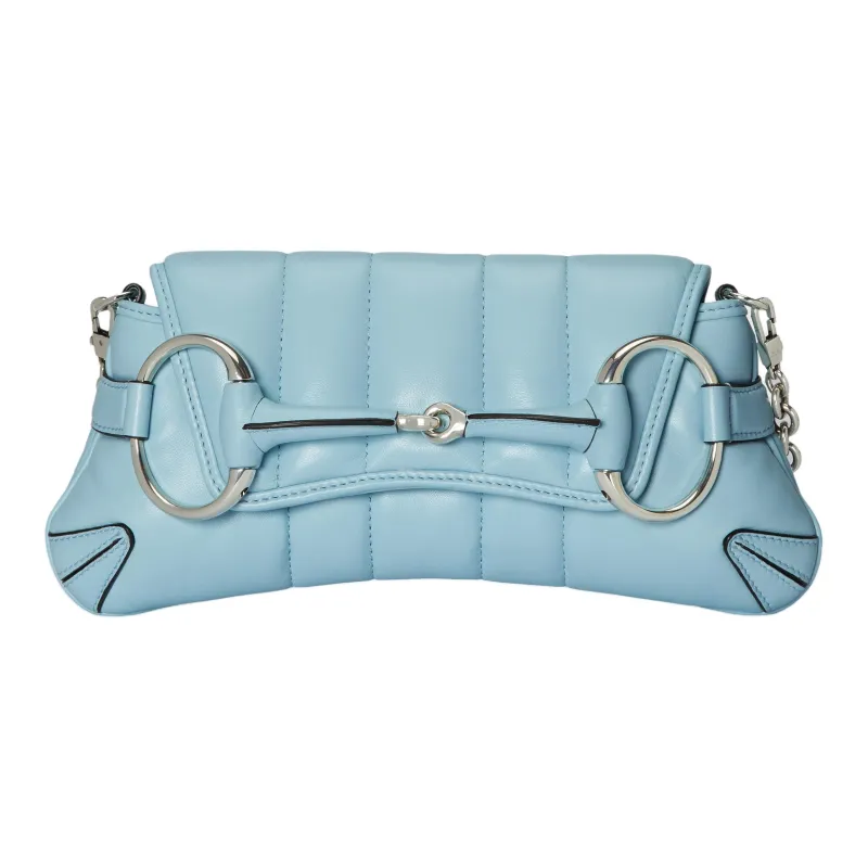 GUCCI HORSEBIT CHAIN Quilting Leather Shoulder Bag Handheld Shoulder Bag Small Size Women's Light Blue-0