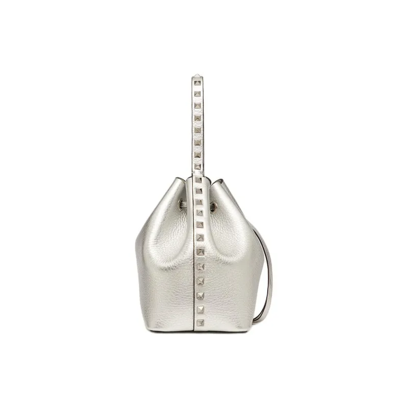 Valentino Rockstud Grained Calfskin Bucket Bag Handbag Shoulder Bag Crossbody Bag Women's Silver-2