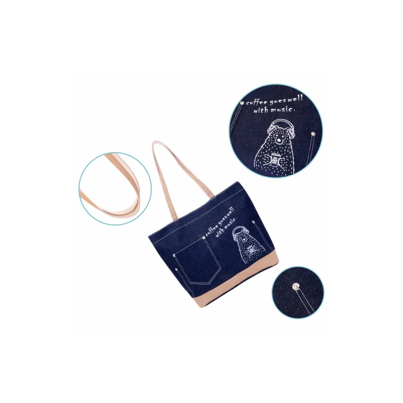 Hello Marche Fabric Tote Bag, Shopping Bag, Shoulder Bag, Handbag Unisex Blue-4