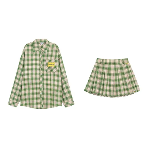 B.Duck Two Piece Skirt Sets Women's Beige/Green Plaid