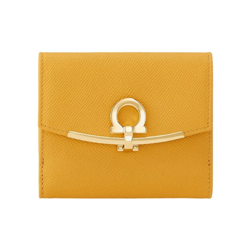 FERRAGAMO GANCINI Hammered Texture Calfskin Wallet Trumpets Women's Yellow-0
