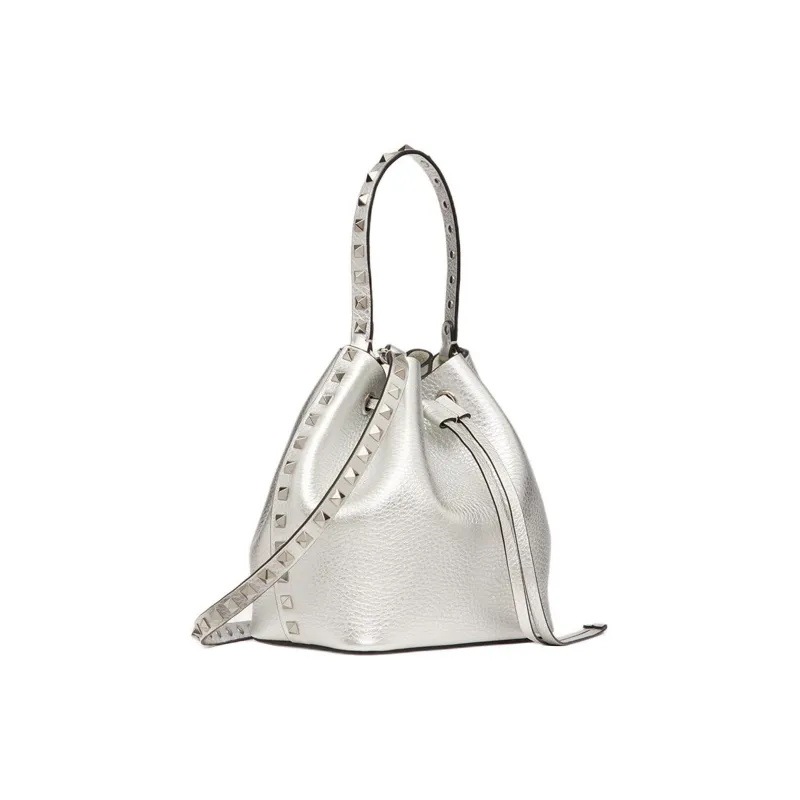Valentino Rockstud Grained Calfskin Bucket Bag Handbag Shoulder Bag Crossbody Bag Women's Silver-1
