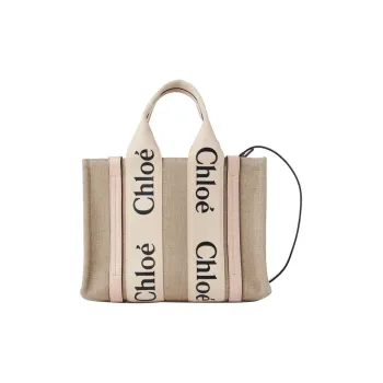 Chloe Woody Linen With Canvas And Calfskin Detail Tote Bag Shopping Bag Handbag Small Size Women's Pink