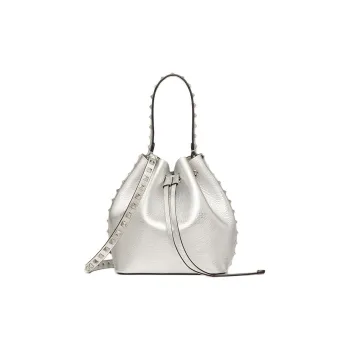 Valentino Rockstud Grained Calfskin Bucket Bag Handbag Shoulder Bag Crossbody Bag Women's Silver