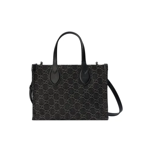 GUCCI Ophidia Denim With Leather Binding Tote Bag, Shopping Bag, Handbag Medium Size Women's Black & Gray