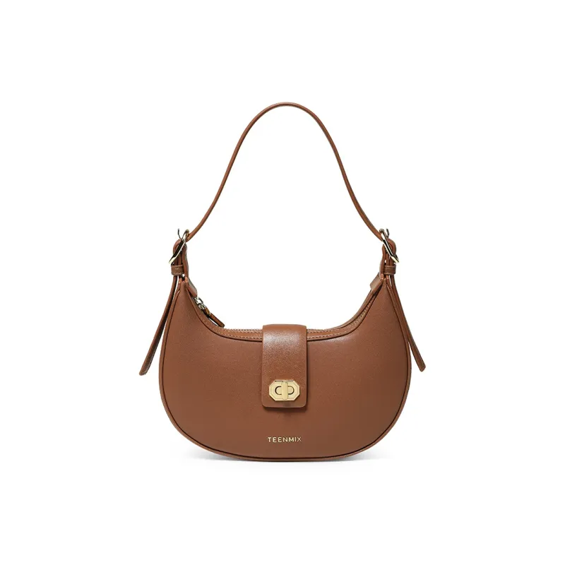 Teenmix Cow Leather Crescent Bag, Shoulder Bag Medium Size Women's Mocha/Black-17