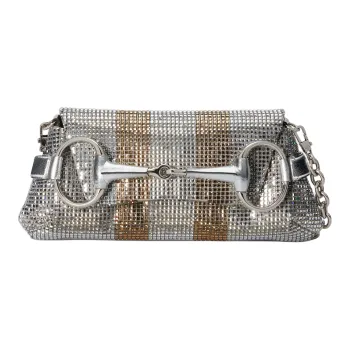 GUCCI Horsebit 1955 Silk Satin Handbag Shoulder Bag Women's Silver