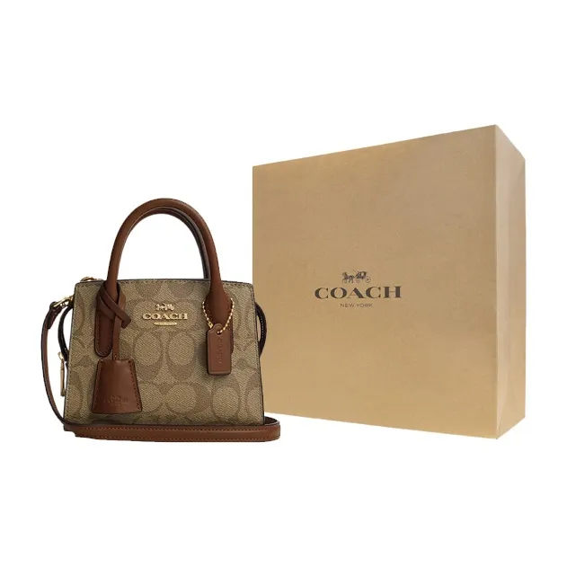 COACH Coated Canvas With Smooth Leather Tote Bag Shopping Bag Handbag Mini Women's Khaki-6