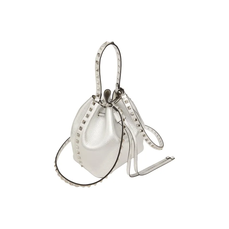 Valentino Rockstud Grained Calfskin Bucket Bag Handbag Shoulder Bag Crossbody Bag Women's Silver-3