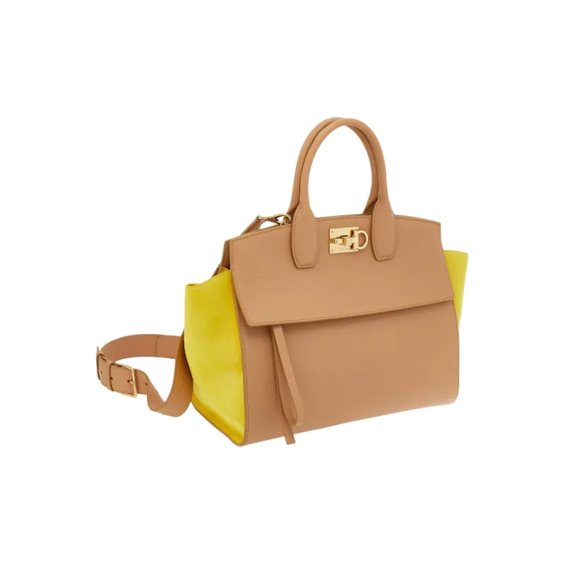 FERRAGAMO StudioGANCINI Calfskin Suede Handbag Medium Size Women's Light Camel With Yellow Accents-1