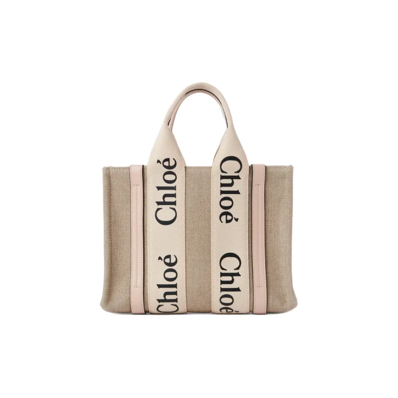 Chloe Woody Linen With Canvas And Calfskin Detail Tote Bag, Shopping Bag, Handbag Trumpets Women's Pink-2
