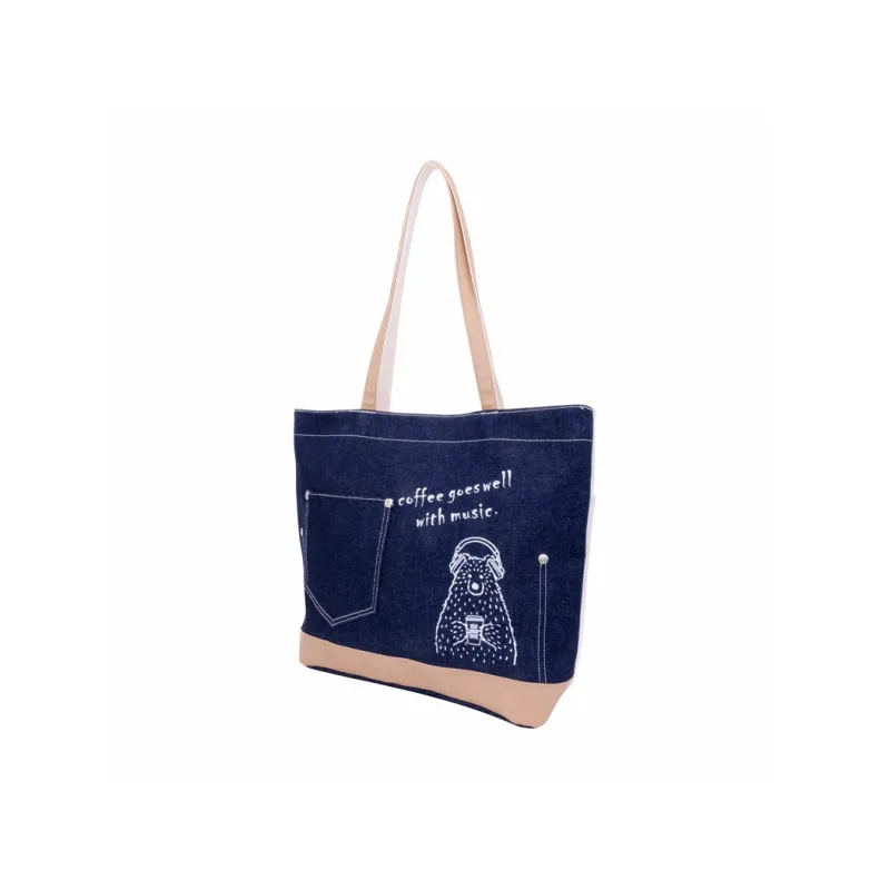 Hello Marche Fabric Tote Bag, Shopping Bag, Shoulder Bag, Handbag Unisex Blue-1