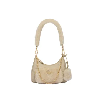 PRADA Recycled Nylon With Shearling Handbag Shoulder Bag Women's Desert Beige