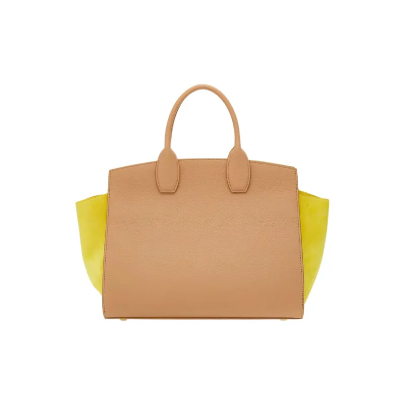 FERRAGAMO StudioGANCINI Calfskin Suede Handbag Medium Size Women's Light Camel With Yellow Accents-3