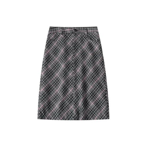 UNRETRO Casual Long Skirts Women's Gray Pink Plaid