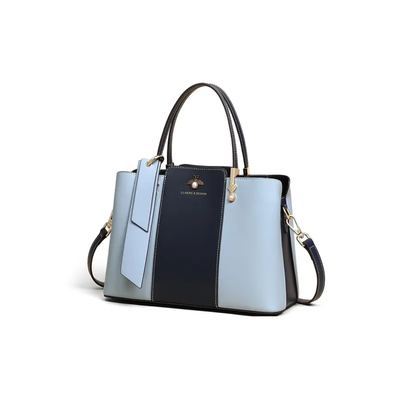 COMELY Cow Leather Patchwork Synthetic Leather Tote Handbag Shoulder Bag Crossbody Bag Large Size Women's Blue-2