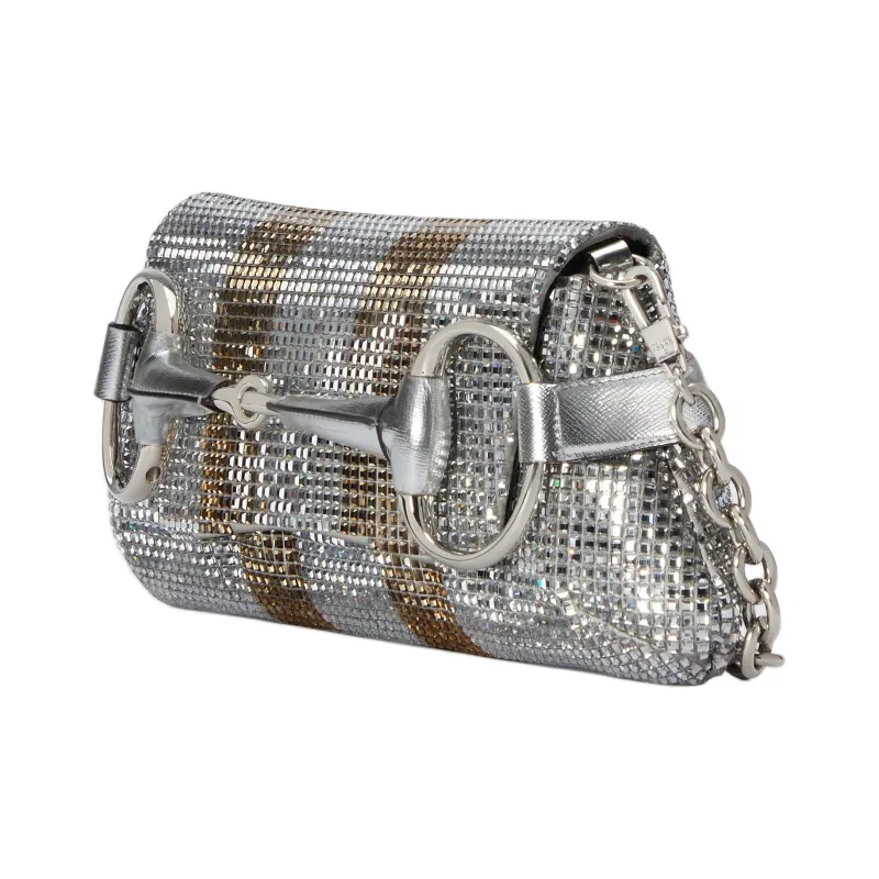 GUCCI Horsebit 1955 Silk Satin Handbag Shoulder Bag Women's Silver-2