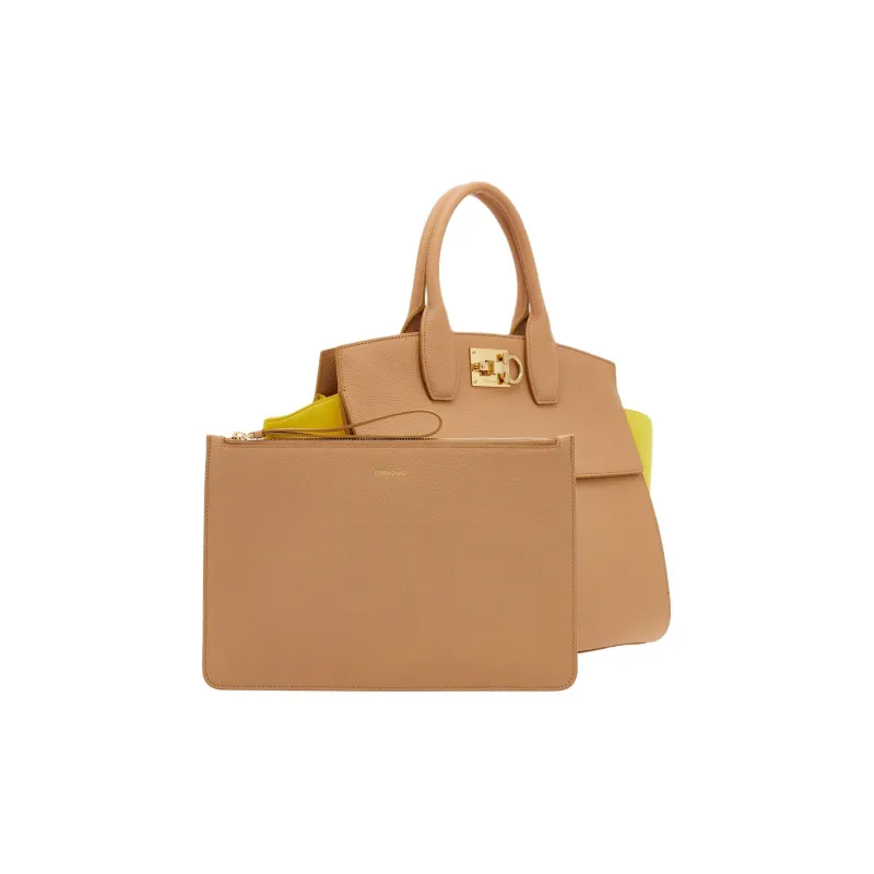 FERRAGAMO StudioGANCINI Calfskin Suede Handbag Medium Size Women's Light Camel With Yellow Accents-4