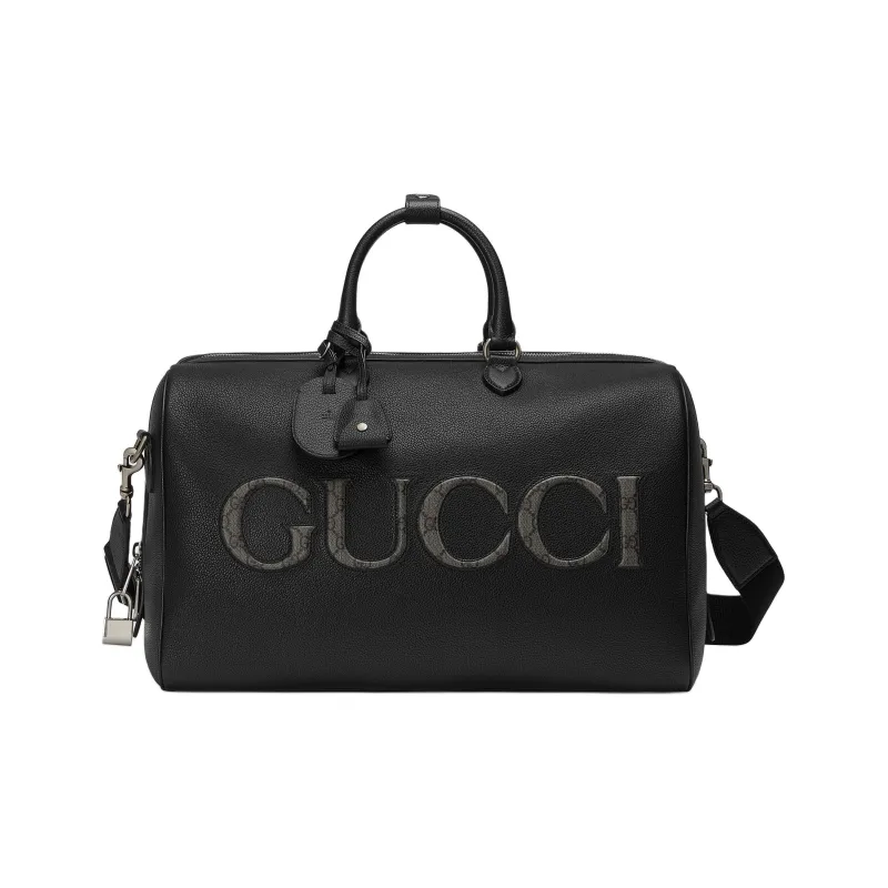 GUCCI One Shoulder Crossbody Portable Travel Bag Leather With GG Supreme Canvas Medium Size Men's Black-0