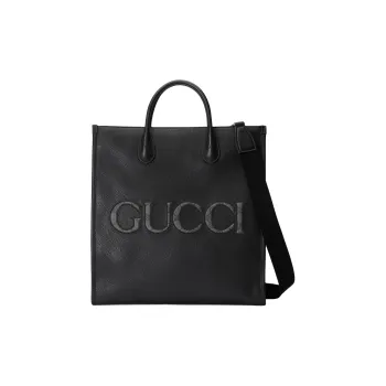 GUCCI Leather With GG Supreme Canvas Tote Bag, Shopping Bag, Handbag Medium Size Men's Black