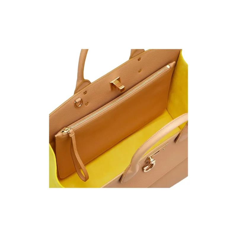 FERRAGAMO StudioGANCINI Calfskin Suede Handbag Medium Size Women's Light Camel With Yellow Accents-5